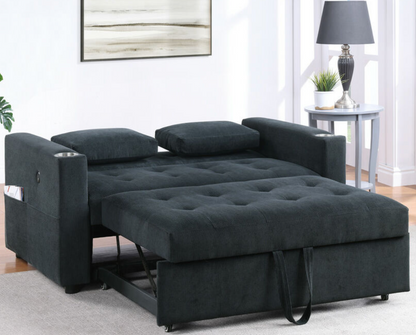 89340 Luelle 57"W Black Corduroy Convertible Sleeper Loveseat with Cupholders, USB Ports