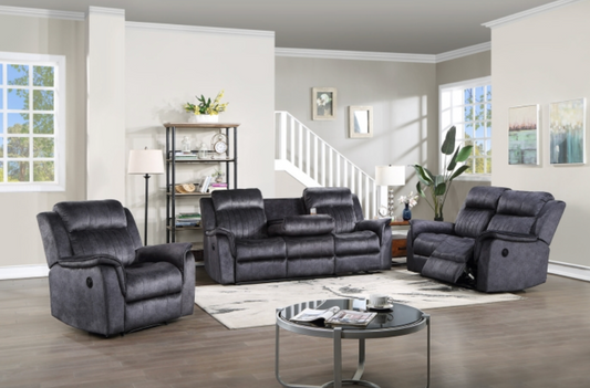 8097-3PC 3PC BLUE GRAY Fabric Power Recliners Sofa Set w/ Drop Down Tray