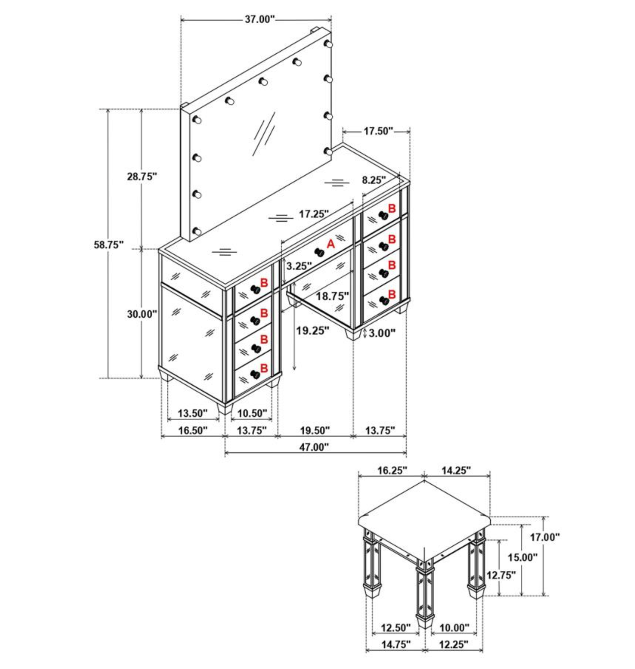 930242 -Allora 9-drawer Vanity Set with Lighting Metallic Silver