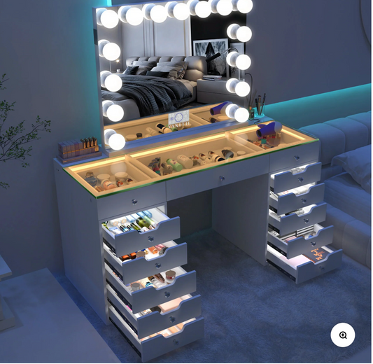 VANITII Eva Vanity Desk - 13 Storage Drawers with Full Light