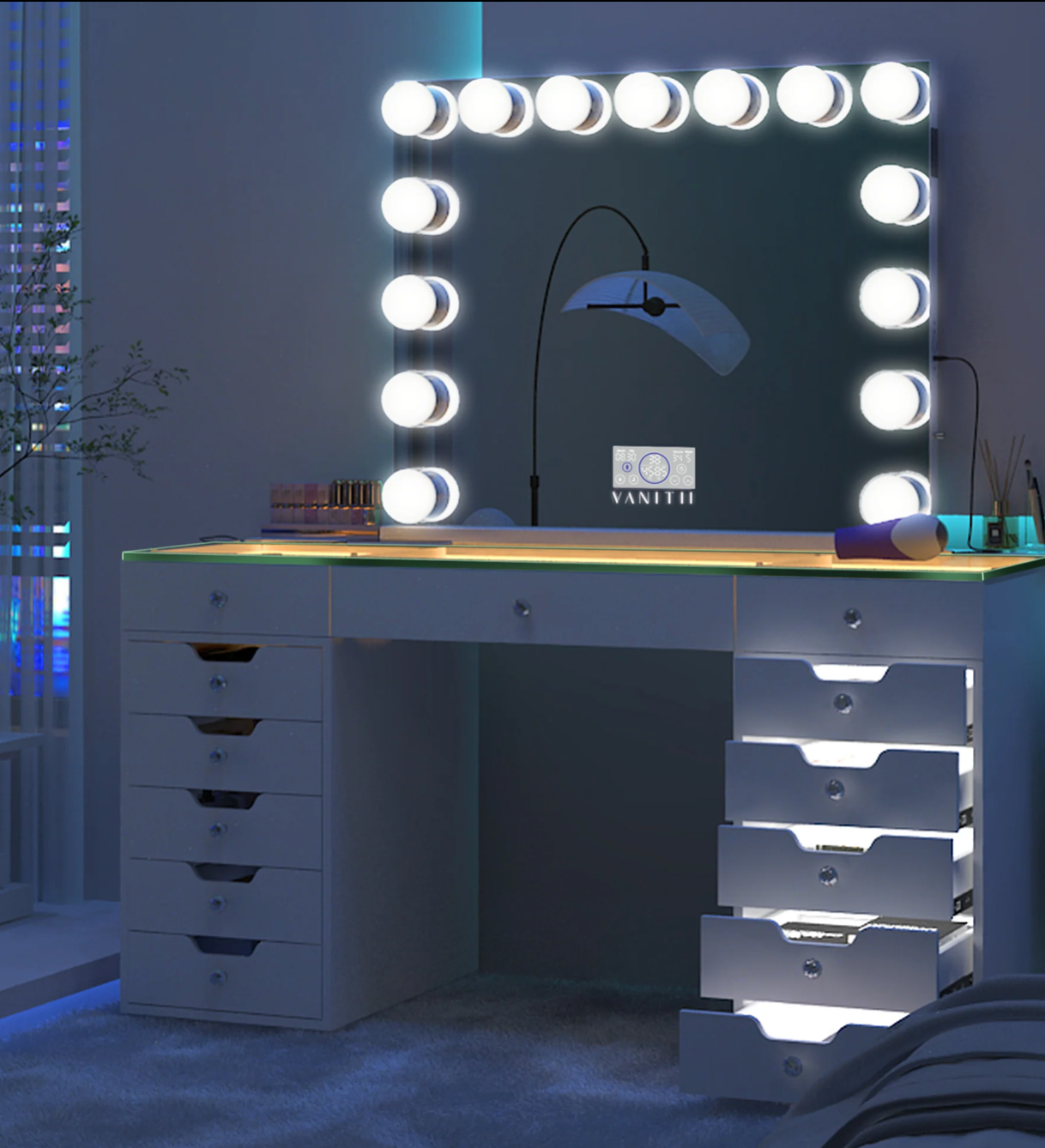 VANITII Eva Vanity Desk - 13 Storage Drawers with Full Light