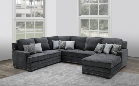8210 DARK GRAY RHF Fabric U-Shaped Stationary Sectional Sofa w/ Chaise + Pillows