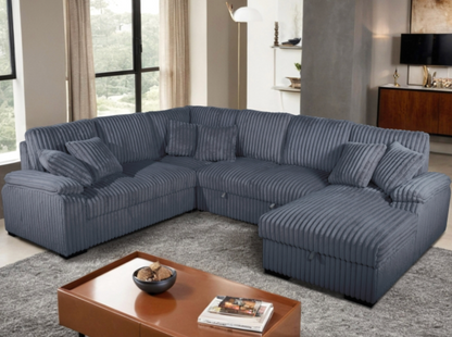 8223 BLACK RHF Fabric U-Shaped Pull Out Sectional Sofa w/ Storage Chaise + Pillows