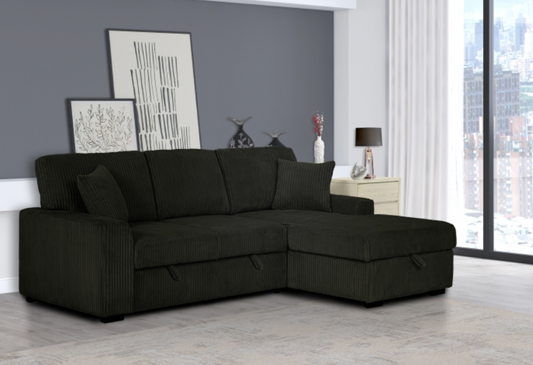 8063 BLACK Fabric RHF Pull Out Sectional Sofa & Storage